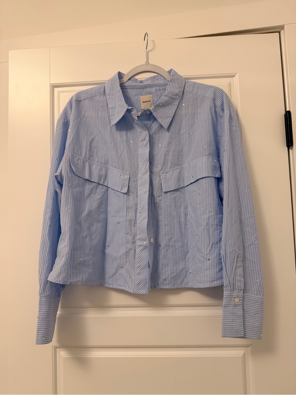 Meave Blue Pinstripe Shirt w rhinestones